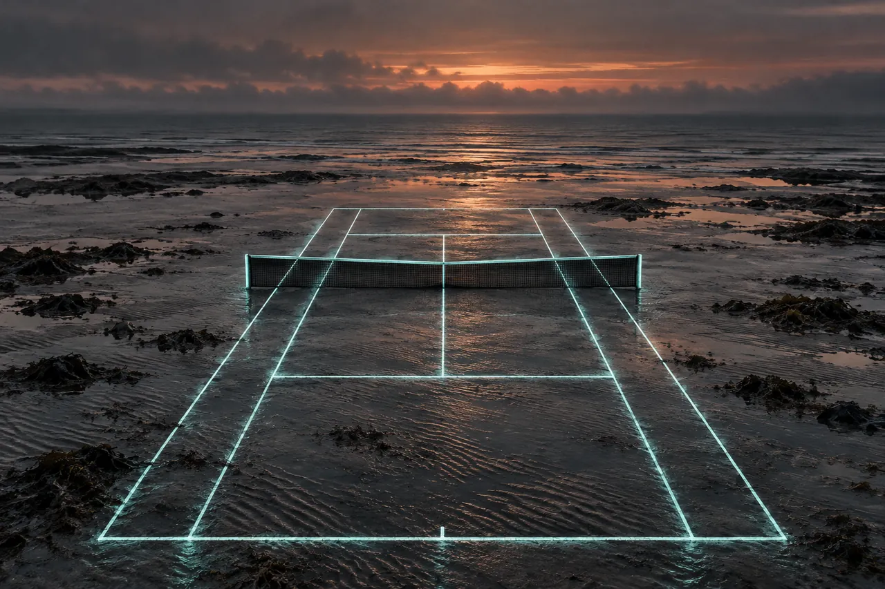 Ein vollständiger Tennisplatz mit Netz liegt im nassen Watt vor der offenen Nordsee in der Abenddämmerung; seine hellen Linien leuchten türkis aus dem Boden und spiegeln sich im Wasserfilm, ringsum Tang und Sandrippel.