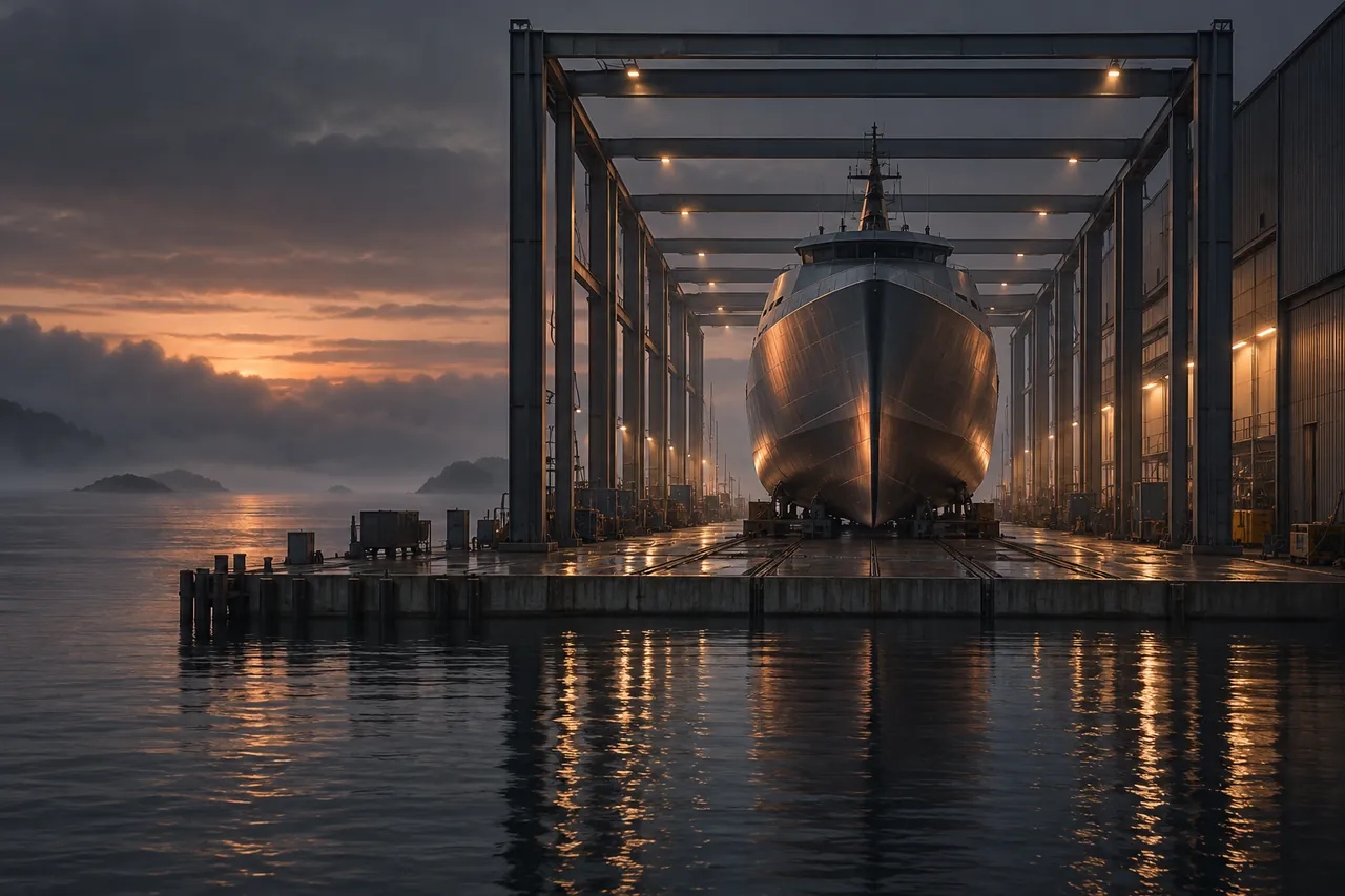 Eine moderne Werft in der Abenddämmerung: Ein schlanker Stahlrumpf steht auf der Helling unter einem symmetrischen Stahlrahmen, Arbeitslichter und kupfernes Abendlicht spiegeln sich im ruhigen Wasser.